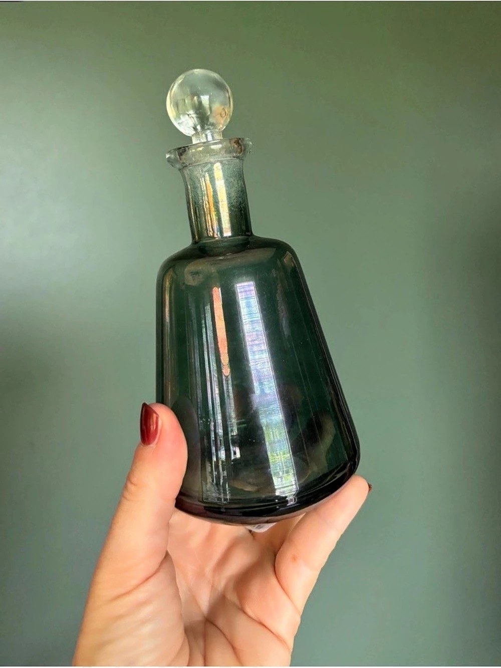 Vintage Emerald Green Glass Decanter With Clear Stopper Made in India